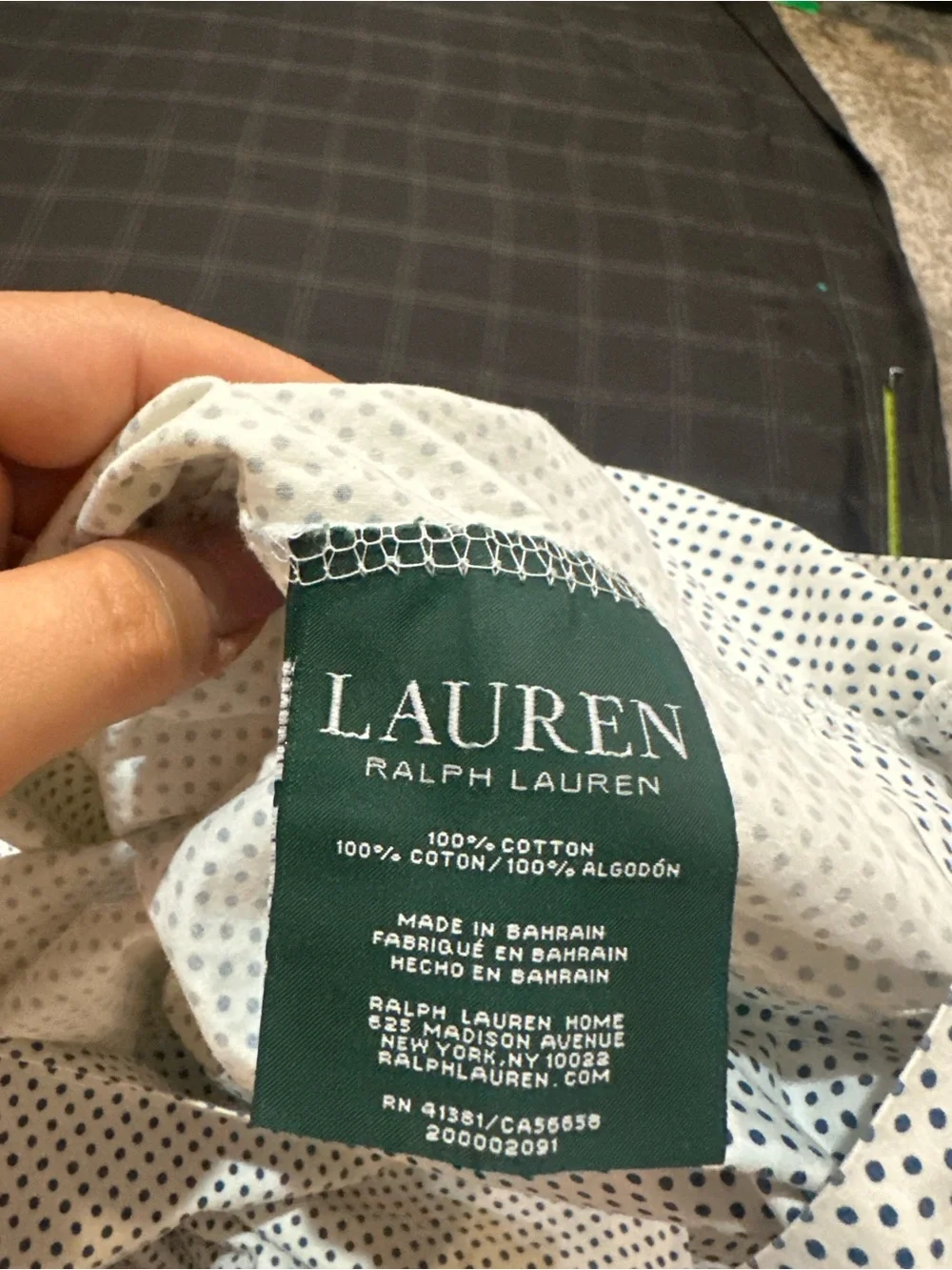 Lauren Ralph Lauren White Shirt with Green Label and Navy Dot Print